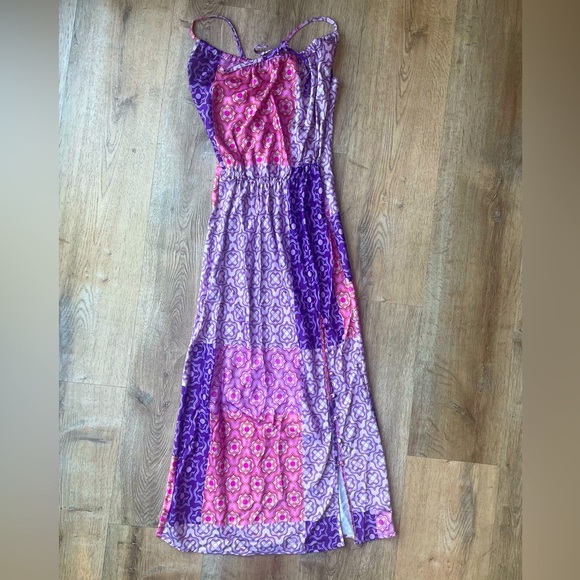 Reclaimed Vintage Retro Print Satin Maxi Dress Purple Pink Geometric Y2K Boho - Picture 1 of 6